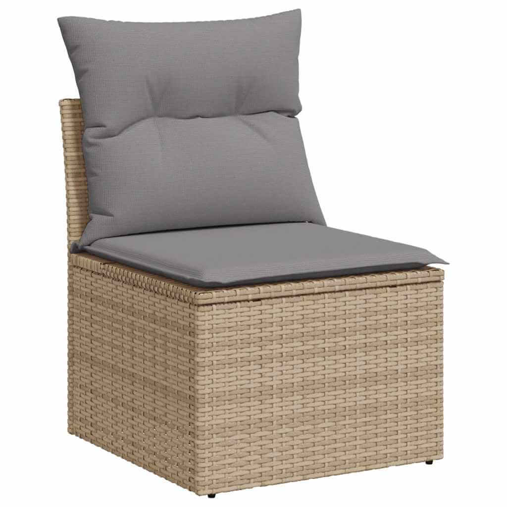 Beige poly rattan chair with gray cushions, perfect for affordable outdoor seating and relaxation.