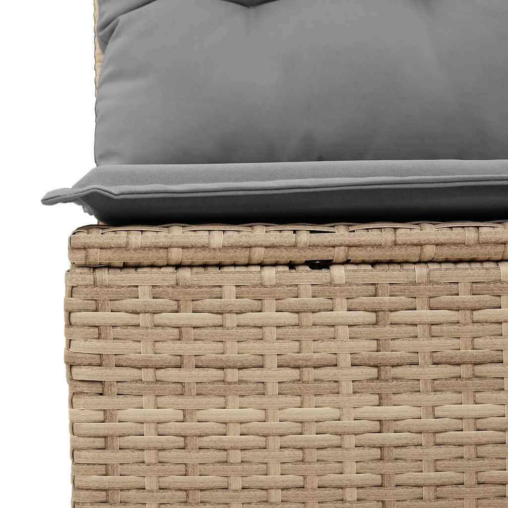 Close-up of beige poly rattan sofa set cushion, showcasing durable weaving and stylish design for outdoor relaxation.