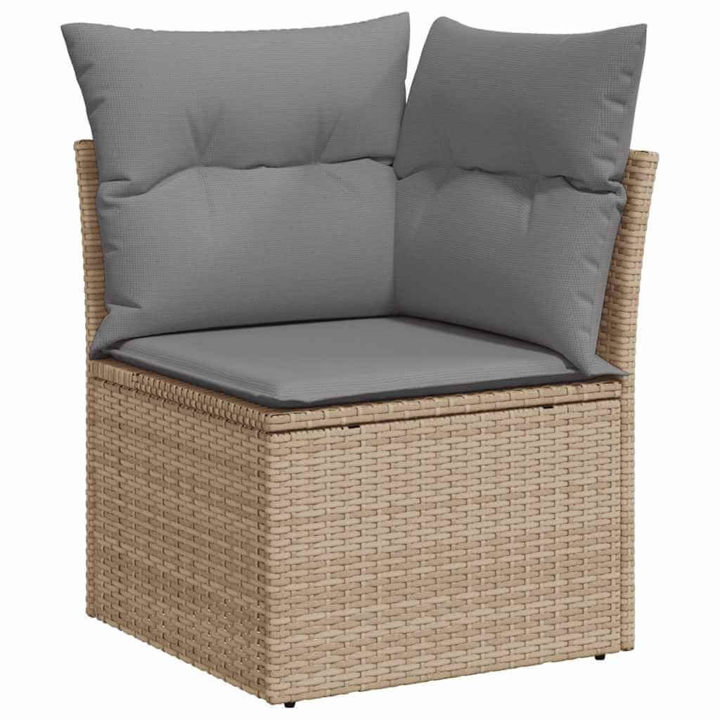 Comfortable corner chair with beige poly rattan frame and gray cushions, perfect for outdoor relaxation.