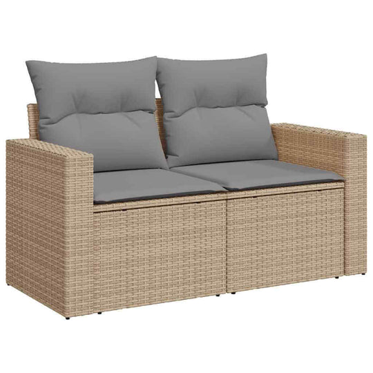 10 piece garden sofa set with beige poly rattan and gray cushions, perfect for affordable outdoor lounging and relaxation.