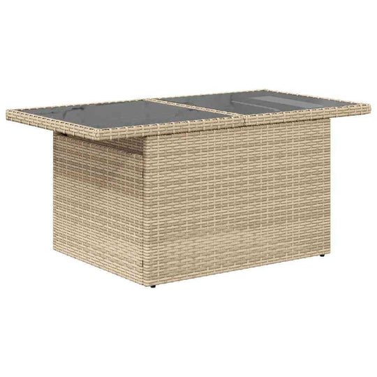 Beige poly rattan coffee table with glass top, perfect for outdoor relaxation and entertaining in your garden or patio.