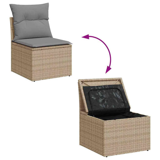 Convertible garden storage chair in beige poly rattan with grey cushion, showcasing seating and hidden storage options.