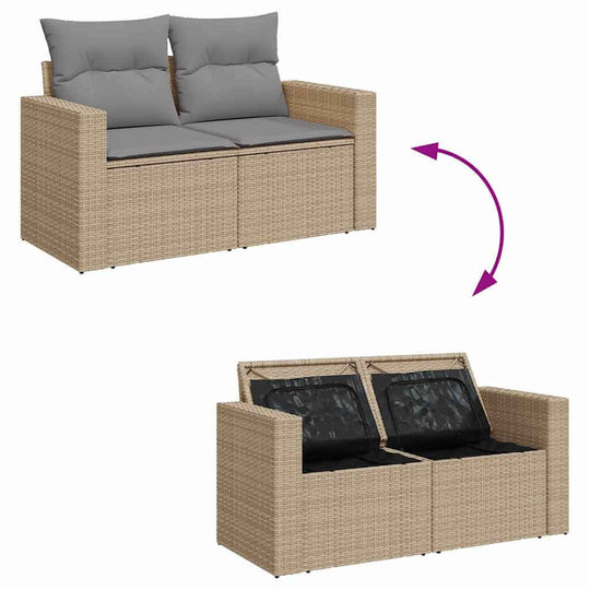 10 Piece Garden Sofa Set with Beige Poly Rattan, featuring removable cushions and storage compartments for convenience.