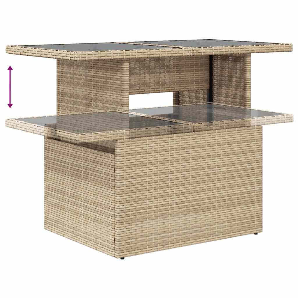 Stylish poly rattan outdoor coffee table with a glass top, perfect for garden gatherings and outdoor relaxation.