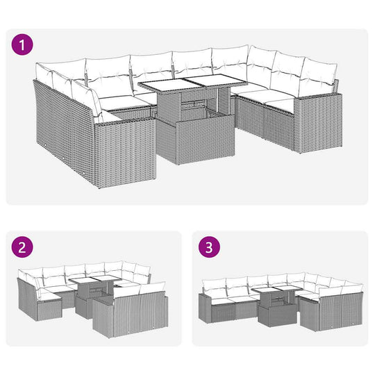 10 Piece Garden Sofa Set with Cushions, beige poly rattan, showing configurable layout options for outdoor relaxation.