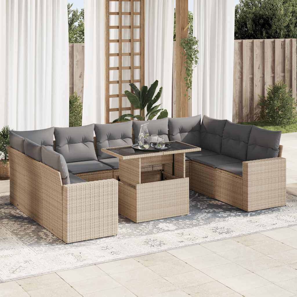 10 piece beige poly rattan garden sofa set with gray cushions, perfect for outdoor relaxation and entertaining.