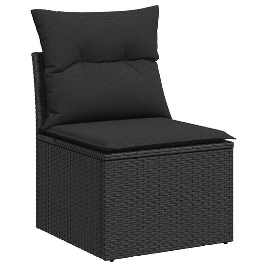 Black poly rattan garden sofa chair with cushions, part of 11 piece set; affordable, quality, and luxe option for DIY patios.