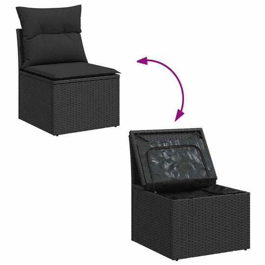 Black poly rattan garden sofa seat with cushion, showing opened storage feature, highlights affordable and quality outdoor furniture options.