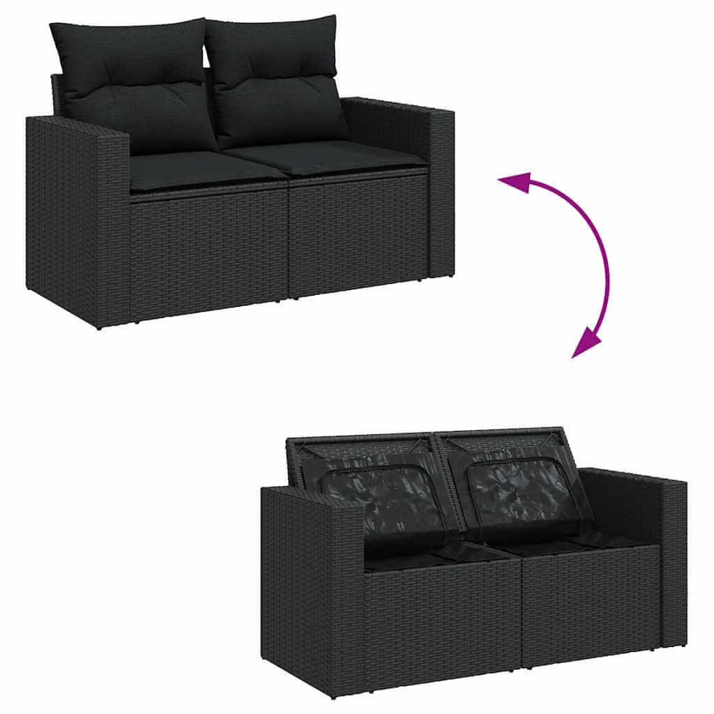 Black poly rattan garden sofa with storage feature, part of a 11 piece set, offering affordable luxury and versatile outdoor seating.