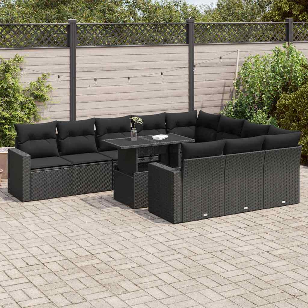 Black 11-piece poly rattan garden sofa set with cushions on patio, affordable and quality DIY outdoor luxe furniture.