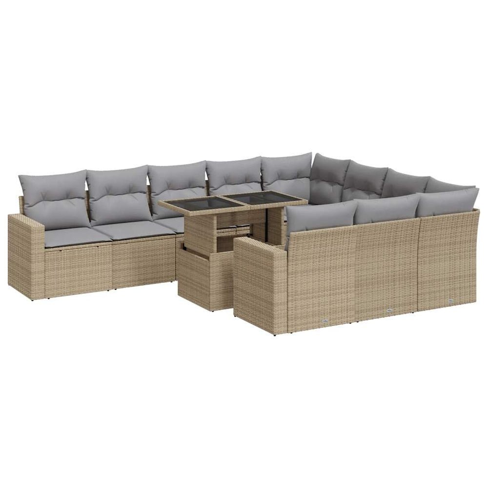 Beige 11 piece poly rattan garden sofa set with cushions, perfect for DIY outdoor spaces; affordable and luxurious quality.