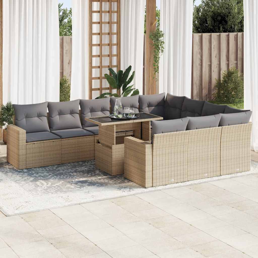 Beige poly rattan garden sofa set with cushions on patio, offering affordable luxe comfort for outdoor relaxation and DIY decor.