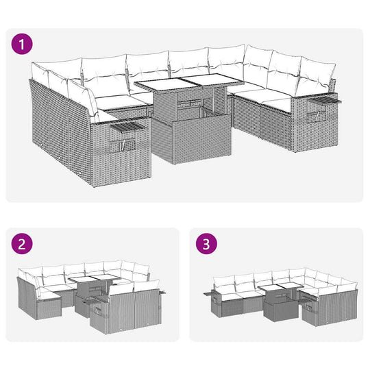 10-piece garden sofa set with cushions in various layouts, showcasing affordable and quality outdoor furniture options.