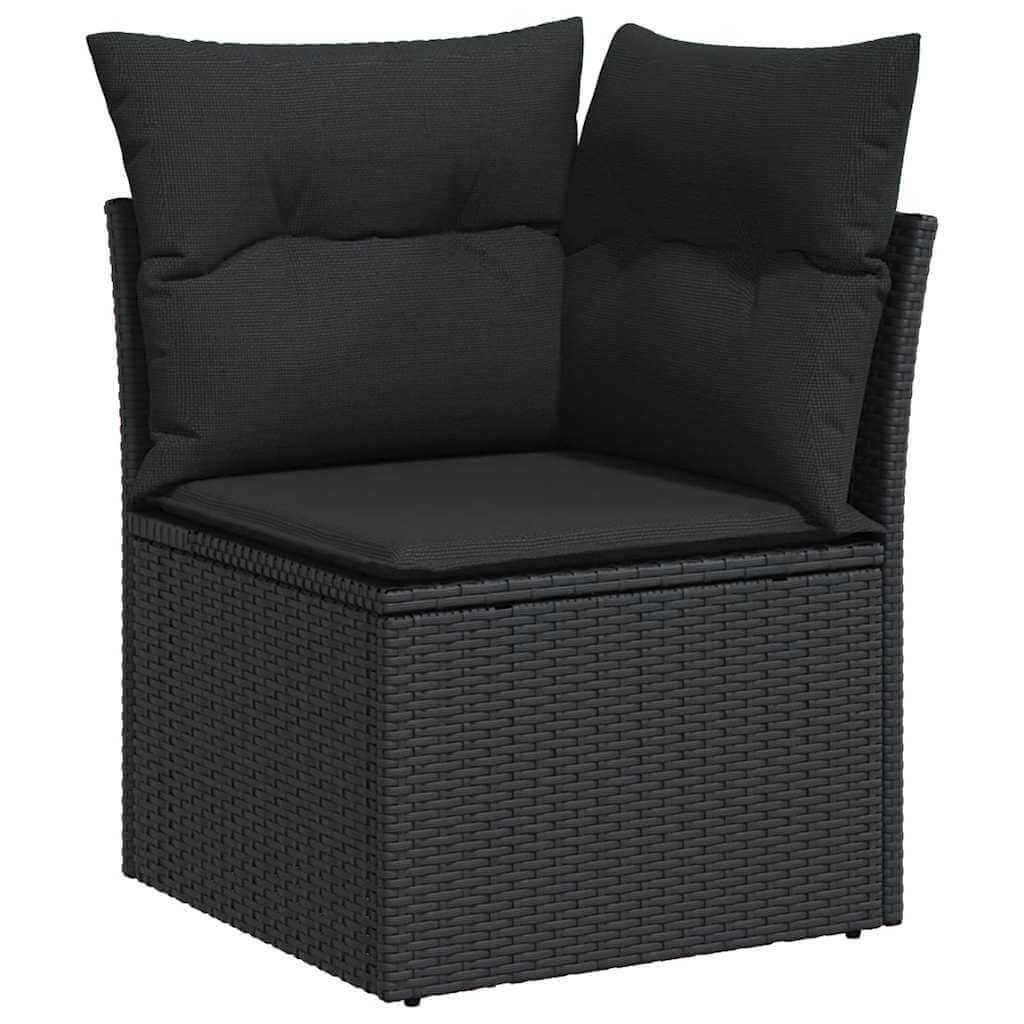 Black poly rattan corner chair with plush cushions, perfect for affordable outdoor seating and DIY patio decor.