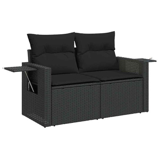 10 Piece Garden Sofa Set in black poly rattan with cushions, perfect for affordable outdoor lounging and DIY patio décor.