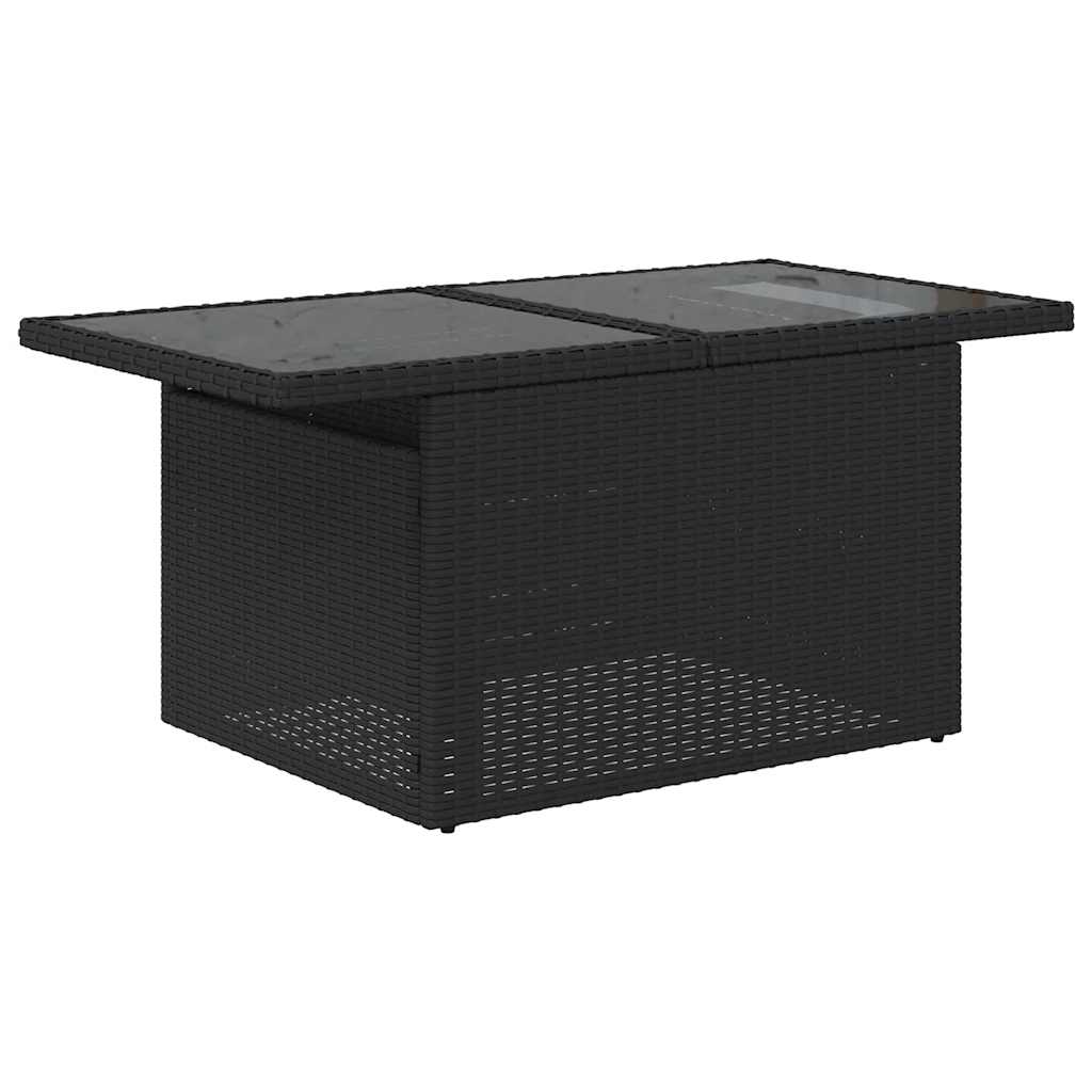 Affordable black poly rattan coffee table with glass top for stylish outdoor seating arrangements.