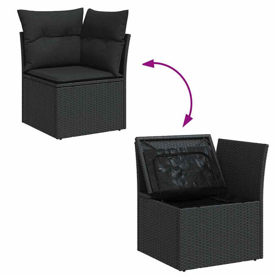 Affordable black poly rattan garden chair with removable cushion and storage compartment for outdoor relaxation.