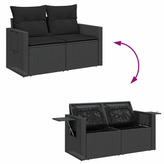 Versatile 10 Piece Garden Sofa Set in black poly rattan, showcasing its convertible design with hidden storage space and cushions.