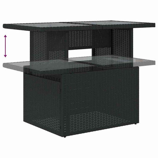 Adjustable black poly rattan garden coffee table with glass top, perfect for outdoor lounging and entertaining.