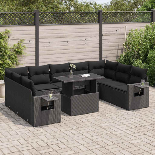 10 Piece Black Poly Rattan Garden Sofa Set with Cushions, perfect for affordable outdoor relaxation and entertaining.