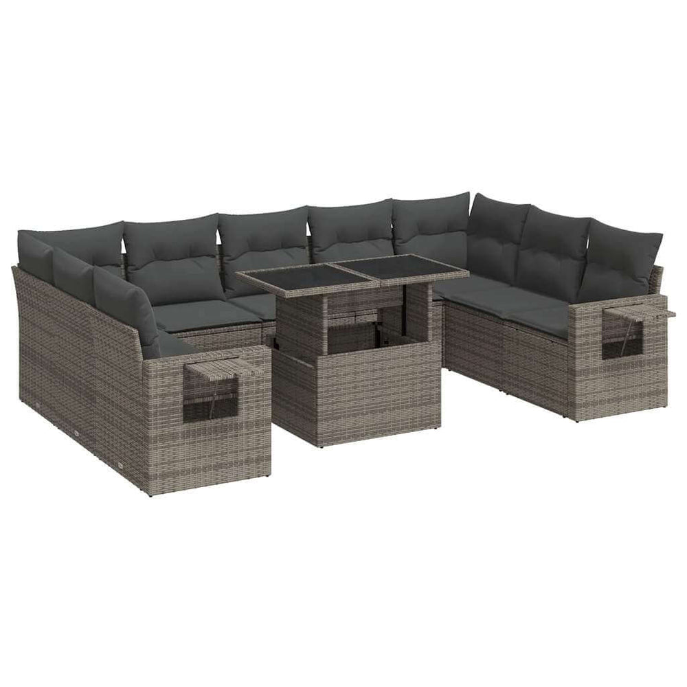 10 Piece Grey Poly Rattan Garden Sofa Set with Cushions for Outdoor Comfort and Style. Affordable Luxe Patio Furniture.