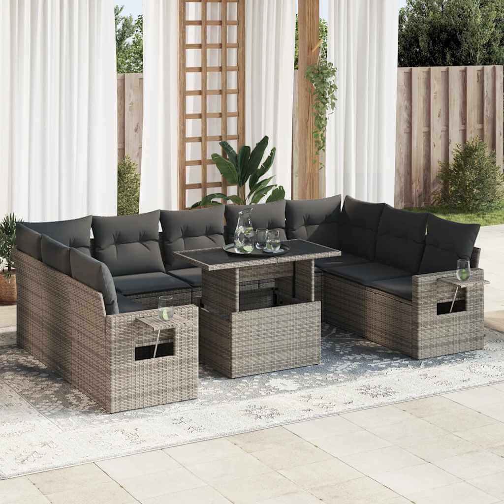 Affordable 10 piece grey poly rattan garden sofa set with cushions, enhancing outdoor relaxation and gatherings.