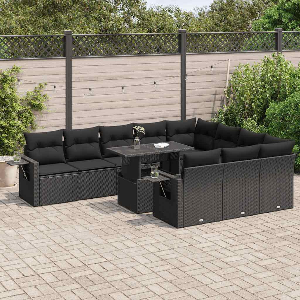 Affordable 11 piece black poly rattan garden sofa set with cushions on a patio, showcasing a stylish and comfy outdoor seating option.