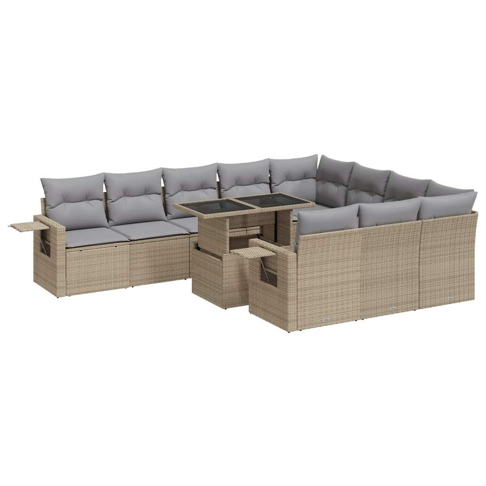 Beige poly rattan 11-piece garden sofa set with cushions, perfect for outdoor relaxation, affordable quality and luxe for patio or terrace.