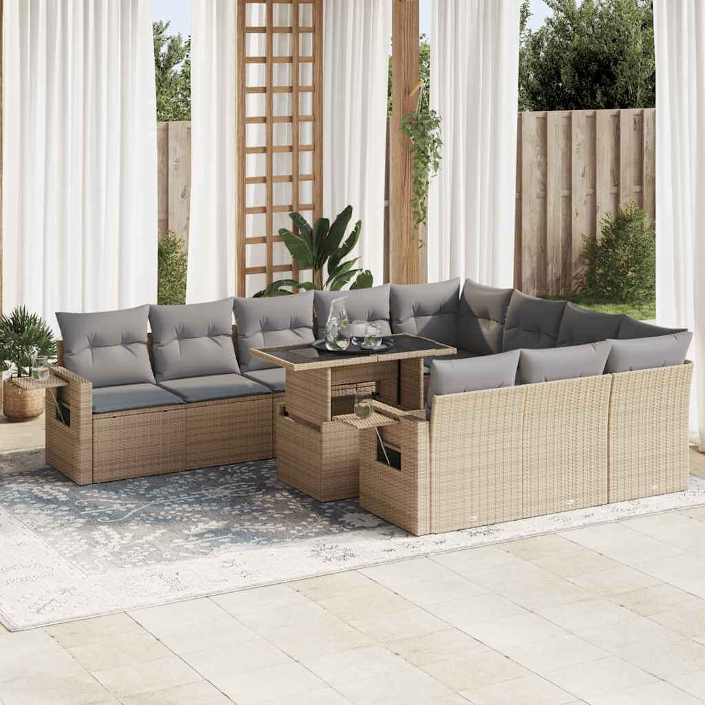 Beige poly rattan 11 piece garden sofa set with cushions on patio, offering affordable luxe DIY outdoor seating solution.