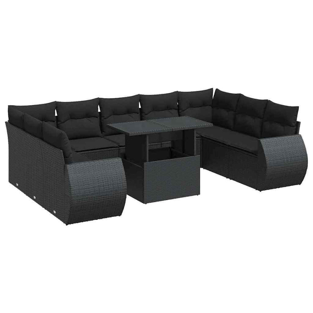 Affordable 10 piece black poly rattan garden sofa set with cushions, offering quality and luxe style for DIY outdoor spaces.