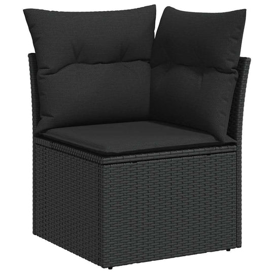 Black poly rattan garden sofa set corner seat with plush cushions, affordable and quality outdoor furniture for DIY enthusiasts.