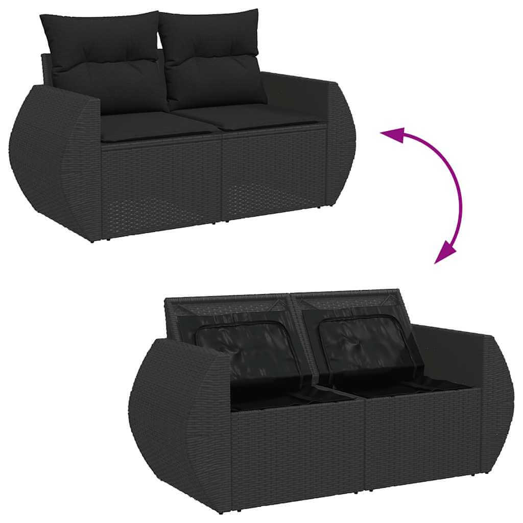 Affordable black poly rattan garden sofa set with cushions, featuring a durable, luxe design for outdoor DIY setups.