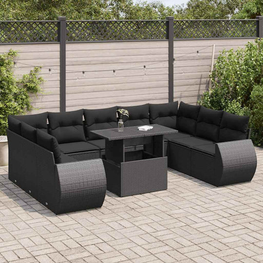 Black poly rattan garden sofa set with cushions, ideal for affordable and luxe outdoor DIY spaces on patio or terrace.