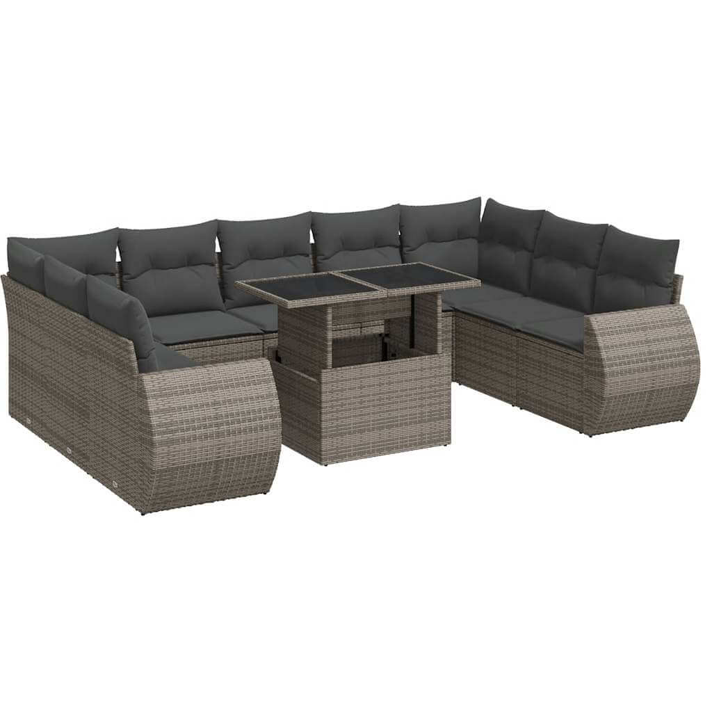 Affordable 10 piece grey poly rattan garden sofa set with cushions, perfect for a luxe backyard or patio DIY setup.