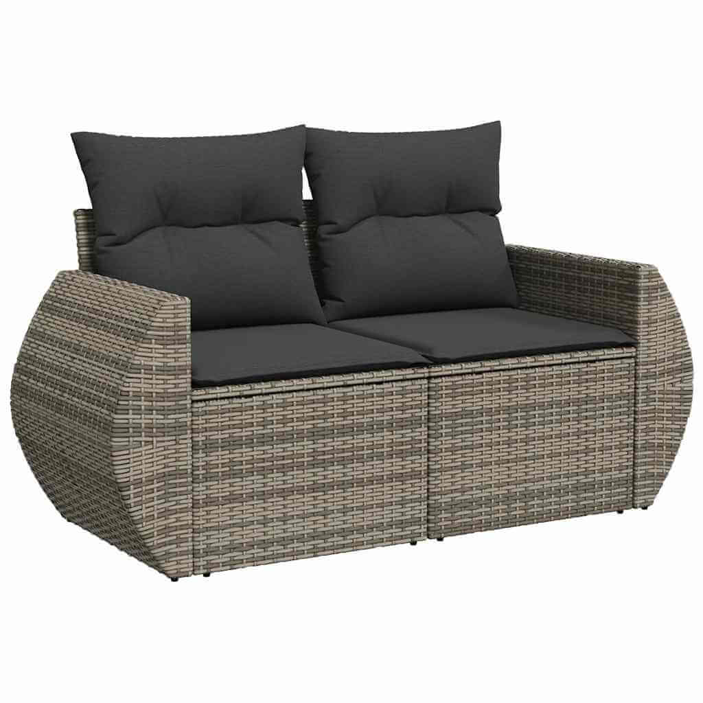 Affordable grey poly rattan garden sofa set for outdoor spaces, features cushions for comfort, perfect for terrace or patio relaxation.