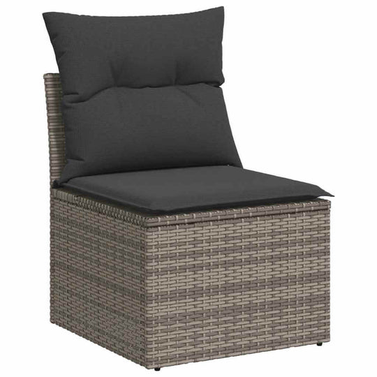 Grey poly rattan garden sofa chair with cushions, affordable luxe quality for DIY patio or terrace setup.