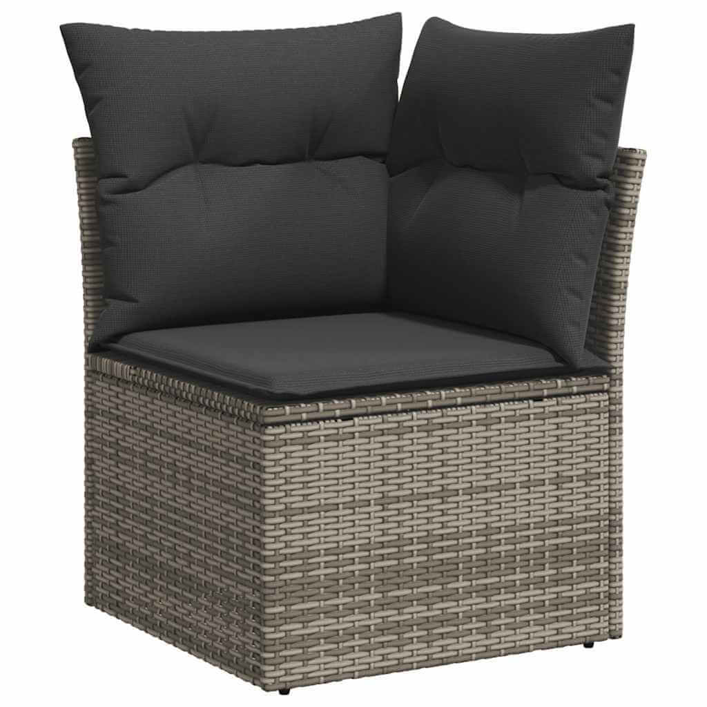 Grey poly rattan garden sofa corner piece with cushions, affordable and quality DIY outdoor furniture for patios and terraces.