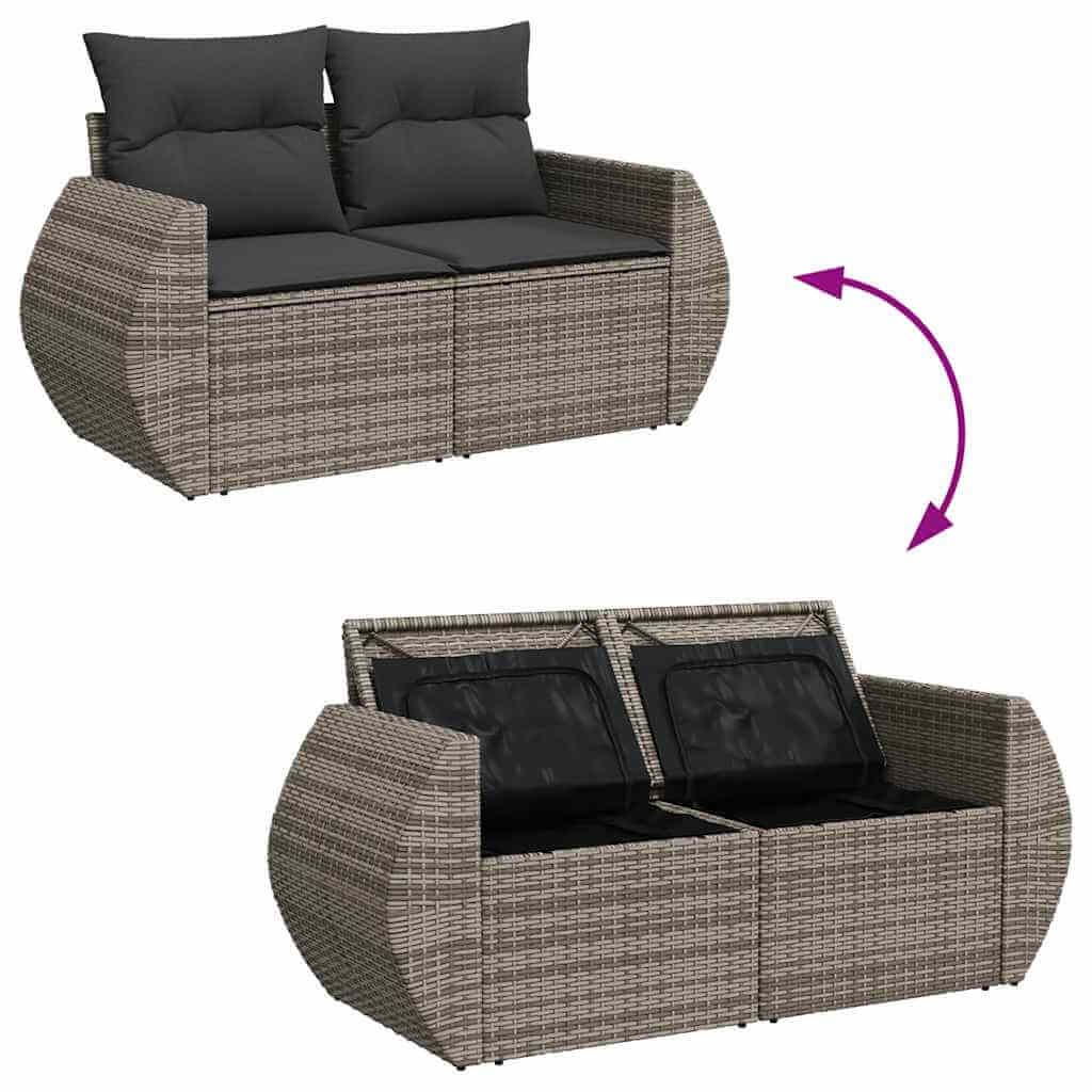 Grey poly rattan garden sofa set with storage, featuring cushions and versatile design for outdoor comfort and style.