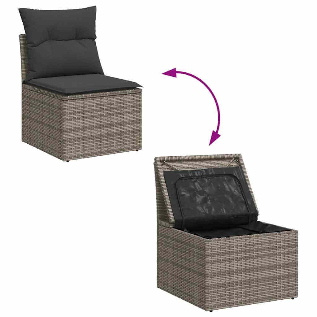 Modular poly rattan garden chair with storage, shown closed and open, in grey with cushions. Perfect for affordable, luxurious outdoor seating.