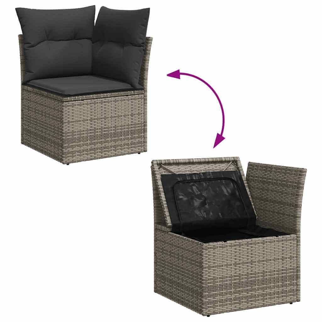 Grey poly rattan garden sofa with black cushion, showcasing storage feature, ideal for affordable and luxe outdoor DIY spaces.