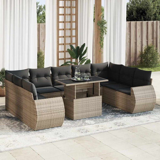 Affordable 10 piece grey poly rattan garden sofa set with cushions on patio, ideal for quality DIY outdoor lounging.