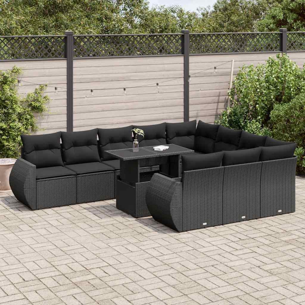 Affordable DIY 11 piece black poly rattan garden sofa set with cushions on patio, offering luxe quality outdoor seating.