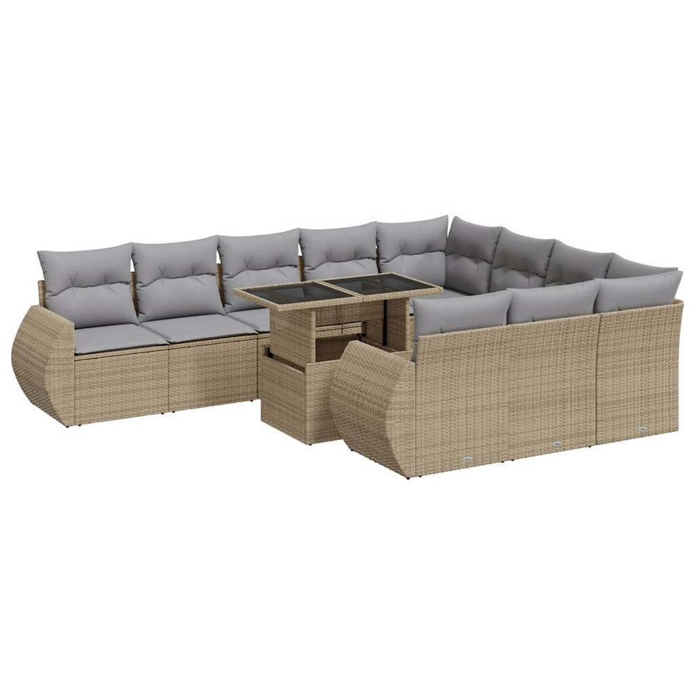 Beige poly rattan garden sofa set with cushions, ideal for patios, offering affordable, quality, and luxe outdoor seating.