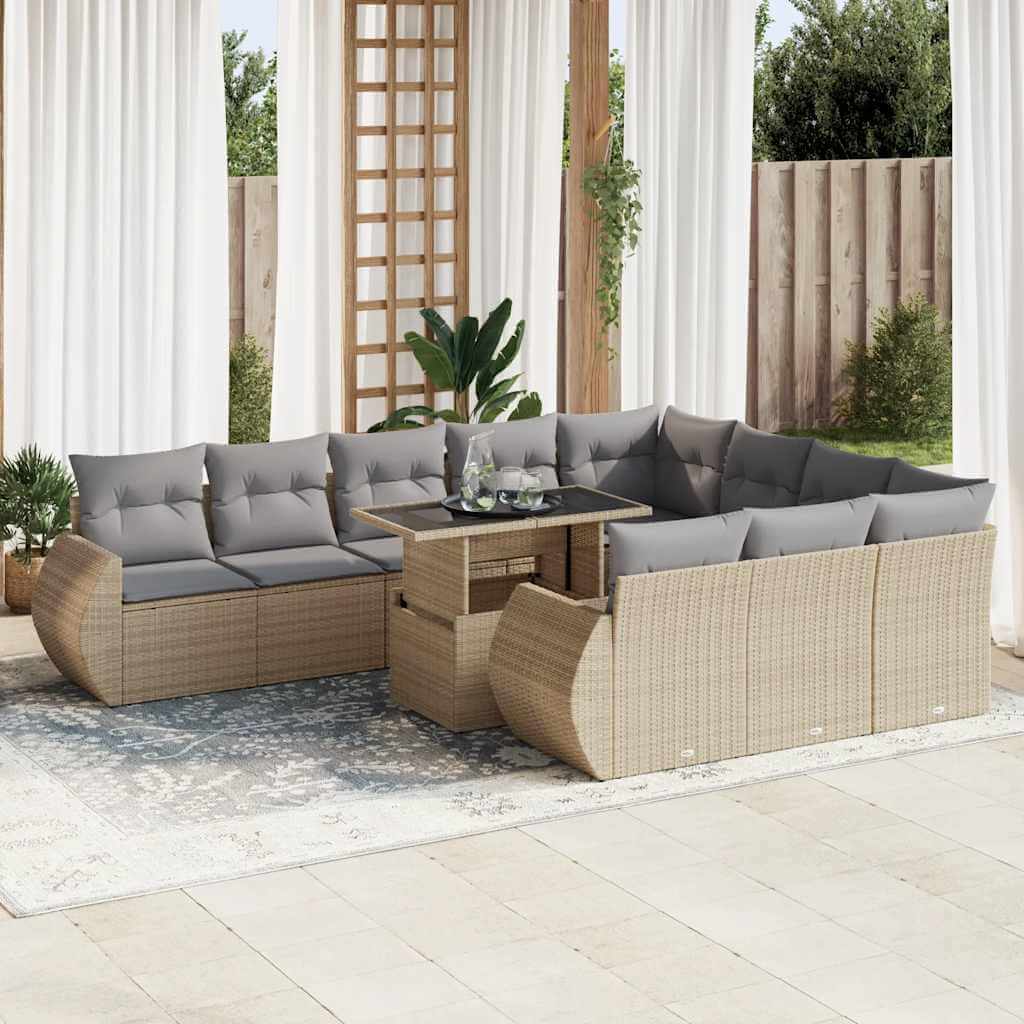 Affordable beige poly rattan garden sofa set with cushions, ideal for DIY outdoor spaces, offering quality and luxe comfort.