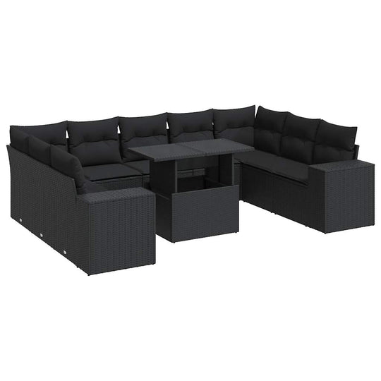 10 piece black poly rattan garden sofa set with cushions on patio, affordable quality DIY outdoor furniture, luxe and cheap.