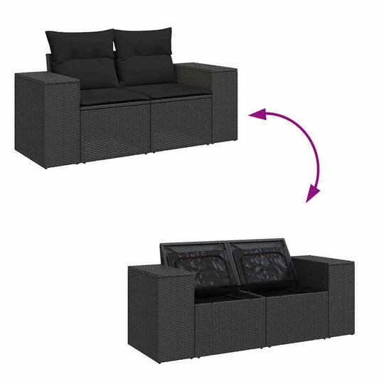 Affordable black poly rattan garden sofa set with cushions, showcasing versatile design for DIY outdoor comfort and luxury.