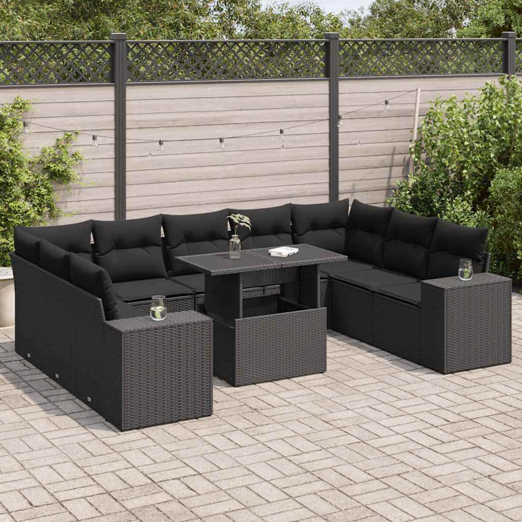 Affordable 10 piece black poly rattan garden sofa set with cushions, perfect for DIY luxe backyard or patio relaxation.