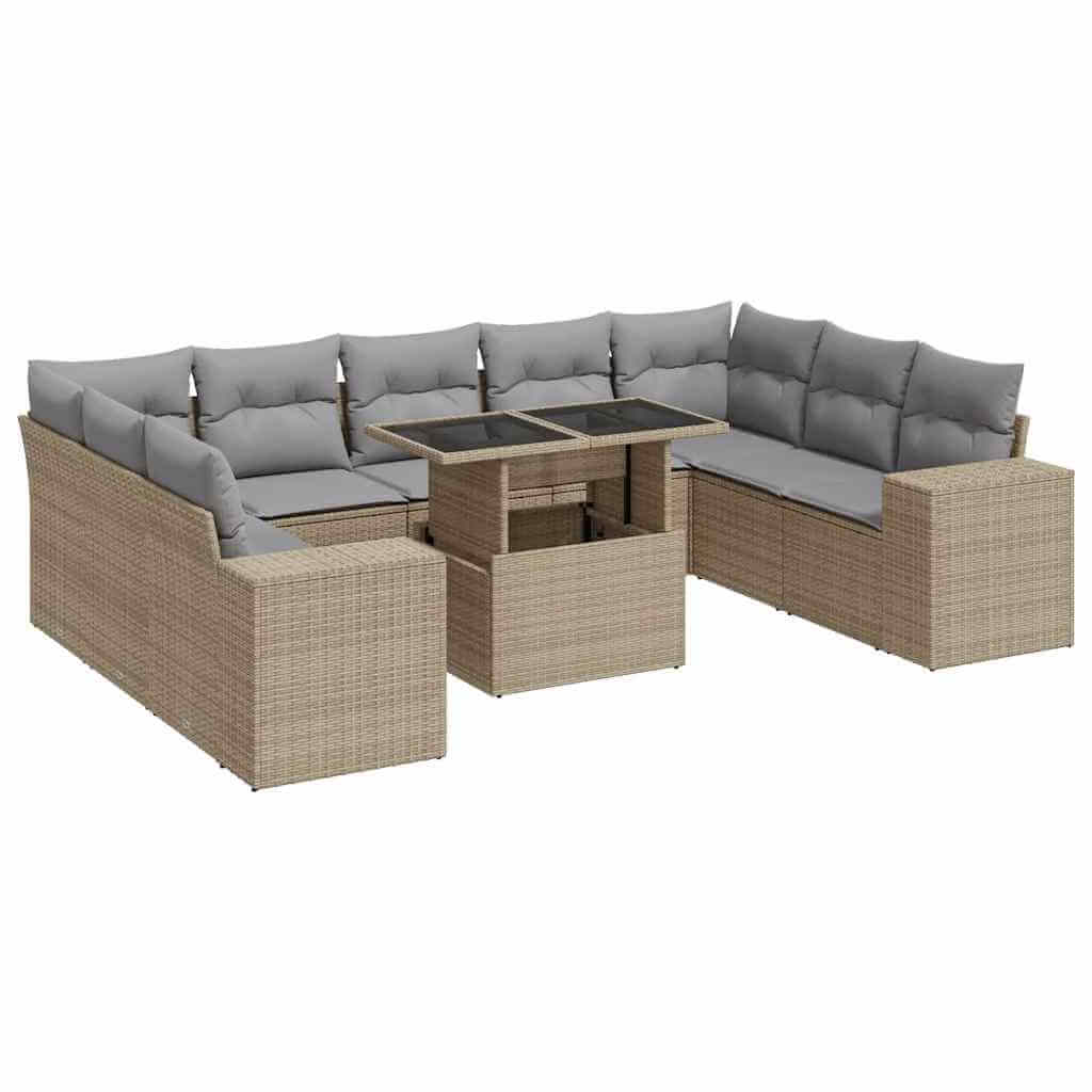 Affordable 10 piece beige poly rattan garden sofa set with cushions, perfect for patios and backyards, offers luxe comfort and quality.