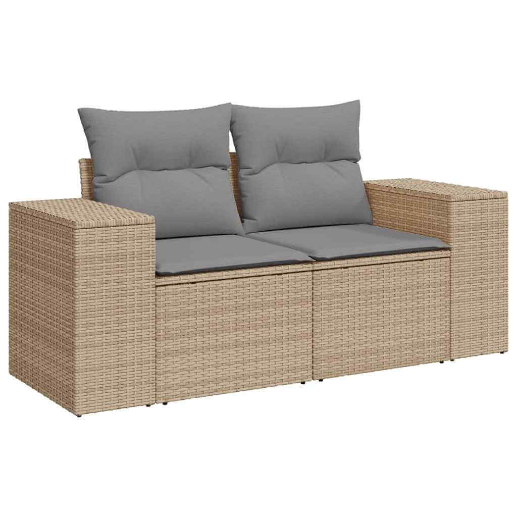 Beige poly rattan garden sofa with cushions, part of 10 piece set, ideal for outdoor lounging. Affordable, quality, and DIY luxe design.