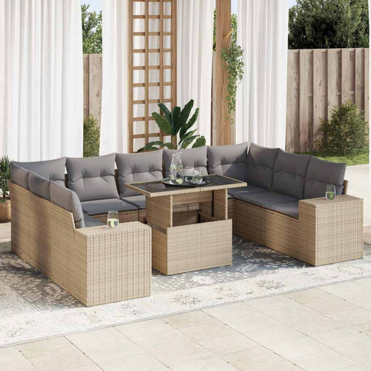 Beige poly rattan garden sofa set with cushions, ideal for outdoor luxury and comfort. Affordable, quality, DIY-friendly patio furniture.